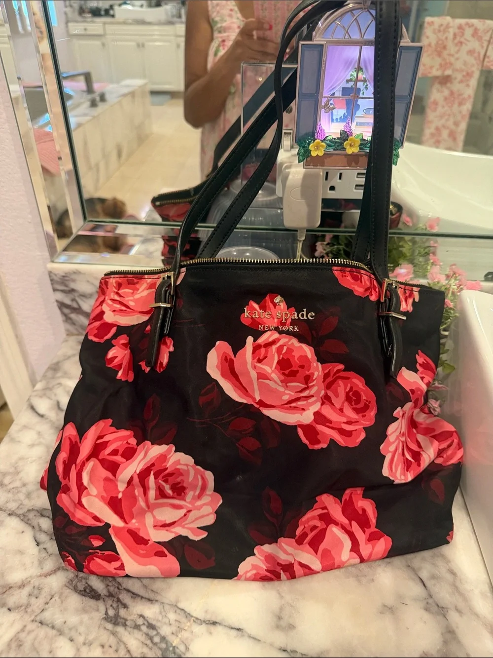 kate spade Black Tote with Pink & Red Rose Print